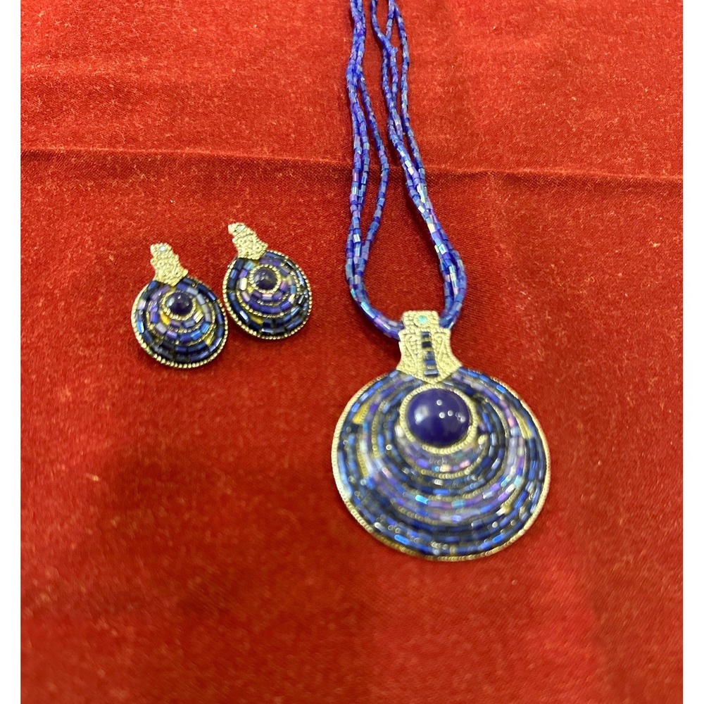 Best Jewelry Necklace Earring Set Womens OS Blue Good Beaded Mosaic Statement